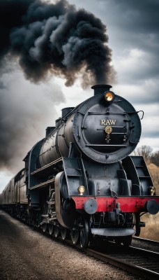 outdoors,sky,day,cloud,tree,military,no humans,cloudy sky,ground vehicle,motor vehicle,smoke,military vehicle,tank,vehicle focus,caterpillar tracks,world war ii,multiple boys,machine gun,train,railroad tracks,wheel