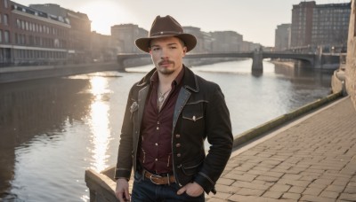 solo,looking at viewer,brown hair,shirt,long sleeves,1boy,hat,holding,brown eyes,jewelry,standing,jacket,male focus,cowboy shot,outdoors,open clothes,day,collared shirt,belt,pants,water,necklace,vest,open jacket,black jacket,buttons,facial hair,denim,building,red shirt,scenery,beard,reflection,hand in pocket,jeans,city,realistic,brown headwear,blue pants,cityscape,brown shirt,watercraft,leather,bridge,river,cowboy hat,leather jacket,smile,short hair,closed mouth,lips,buckle,backlighting,cigarette,belt buckle,mustache,smoking,brown belt,cowboy western