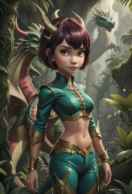 1girl,solo,breasts,looking at viewer,smile,short hair,bangs,brown hair,navel,brown eyes,jewelry,medium breasts,closed mouth,standing,tail,purple hair,cowboy shot,small breasts,outdoors,horns,midriff,pants,artist name,signature,stomach,bracelet,tree,lips,crop top,fingernails,makeup,leaf,plant,nature,forest,dragon horns,dragon girl,nose,dragon,dragon tail,scales,green pants,shirt,long sleeves,wings,nail polish,thick eyebrows,gem,freckles