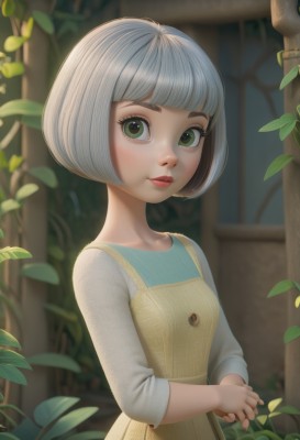 1girl,solo,looking at viewer,smile,short hair,bangs,shirt,long sleeves,dress,closed mouth,green eyes,standing,upper body,white hair,grey hair,small breasts,outdoors,artist name,signature,blunt bangs,blurry,lips,eyelashes,blurry background,leaf,watermark,bob cut,own hands together,plant,web address,freckles,nose,pinafore dress,yellow dress,sleeves past elbows,breasts,white shirt,day,red lips