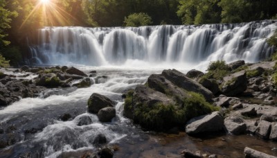 outdoors,day,water,tree,no humans,sunlight,nature,scenery,forest,light rays,rock,mountain,sun,sunbeam,river,waterfall,cliff,stream,landscape