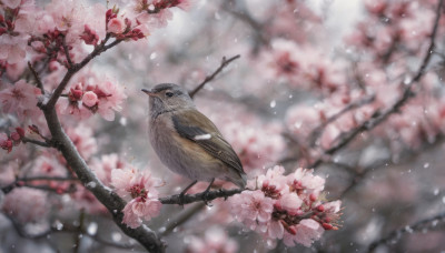 flower, outdoors, blurry, tree, petals, no humans, depth of field, blurry background, bird, animal, cherry blossoms, realistic, branch, animal focus, owl