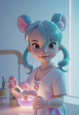 1girl,solo,long hair,looking at viewer,smile,bangs,blue eyes,dress,holding,animal ears,twintails,jewelry,blue hair,tail,upper body,short sleeves,food,artist name,indoors,necklace,white dress,blurry,black eyes,lips,aqua hair,blurry background,plant,child,pendant,mouse ears,female child,potted plant,shirt,white shirt,eyelashes