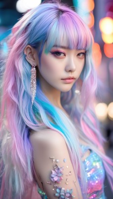 1girl,solo,long hair,looking at viewer,bangs,dress,bare shoulders,jewelry,closed mouth,blue hair,upper body,pink hair,purple hair,multicolored hair,earrings,blunt bangs,blurry,black eyes,from side,two-tone hair,lips,grey eyes,eyelashes,strapless,gradient hair,makeup,depth of field,blurry background,gem,eyeshadow,realistic,nose,eyeliner,mascara,flower,artist name,signature,watermark,web address,crystal,bokeh,pearl (gemstone)