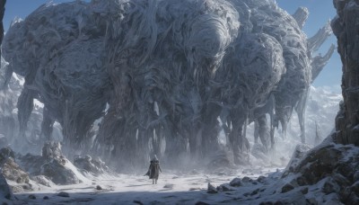 1boy,holding,standing,weapon,outdoors,sky,day,sword,hood,from behind,cape,holding weapon,armor,blue sky,scenery,snow,1other,monster,rock,mountain,fantasy,size difference,facing away,ambiguous gender,solo,cloud,snowing,giant,wide shot