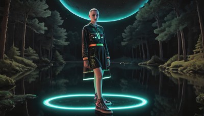 1girl,solo,looking at viewer,long sleeves,1boy,jewelry,standing,male focus,earrings,outdoors,sky,shoes,shorts,dark skin,tree,night,glowing,moon,sneakers,star (sky),nature,scenery,forest,starry sky,reflection,bald,magic circle,planet,short hair,black hair,gloves,jacket,full body,artist name,signature,water,black jacket,facial hair,black shorts,grass,floating,backlighting,science fiction,rock,realistic,space