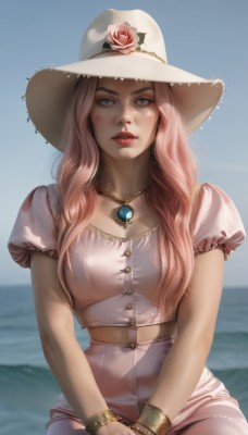 1girl,solo,long hair,breasts,looking at viewer,blush,blue eyes,skirt,shirt,hat,jewelry,medium breasts,sitting,pink hair,flower,short sleeves,outdoors,parted lips,sky,day,midriff,puffy sleeves,artist name,water,necklace,mole,blurry,bracelet,blue sky,puffy short sleeves,lips,makeup,buttons,blurry background,rose,ocean,white headwear,own hands together,lipstick,gem,pink flower,pendant,freckles,sun hat,realistic,nose,hat flower,red lips,pink rose,mole on cheek,dress,grey eyes,pink skirt,straw hat