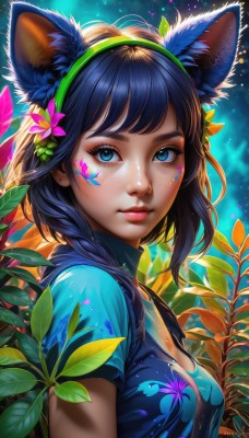 1girl,solo,long hair,breasts,looking at viewer,short hair,bangs,blue eyes,shirt,black hair,hair ornament,animal ears,cleavage,medium breasts,closed mouth,blue hair,upper body,braid,flower,short sleeves,hairband,shiny,artist name,cat ears,signature,hair flower,mole,from side,puffy short sleeves,lips,animal ear fluff,eyelashes,single braid,makeup,fake animal ears,leaf,watermark,facial mark,floral print,blue shirt,plant,hair over shoulder,web address,pink flower,eyeshadow,freckles,pink lips,realistic,nose,eyeliner,whisker markings,facepaint,mascara,green hairband,looking to the side,fox ears,t-shirt,light particles,extra ears,purple flower,paint splatter