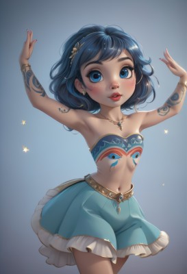 1girl,solo,breasts,looking at viewer,blush,smile,short hair,bangs,blue eyes,skirt,simple background,black hair,hair ornament,navel,bare shoulders,jewelry,blue hair,collarbone,cowboy shot,hairband,earrings,small breasts,frills,parted lips,teeth,midriff,artist name,armpits,necklace,stomach,star (symbol),arms up,flat chest,bracelet,lips,blue skirt,gradient,bare arms,gradient background,eyelashes,strapless,tattoo,makeup,blue background,frilled skirt,aged down,lipstick,child,web address,pendant,freckles,bandeau,red lips,female child,tube top,mascara,nail polish,gem,dancing,star earrings