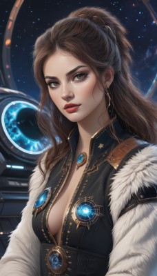 1girl,solo,long hair,breasts,looking at viewer,brown hair,cleavage,brown eyes,jewelry,medium breasts,upper body,ponytail,earrings,lips,fur trim,makeup,lipstick,brooch,gem,star (sky),freckles,science fiction,nose,red lips,space,artist name,necklace,eyeshadow,starry sky,center opening