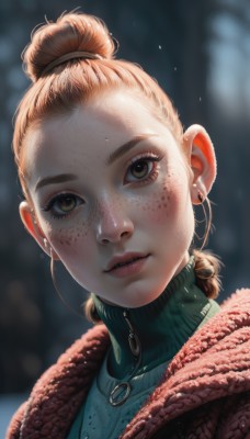 1girl,solo,looking at viewer,short hair,blonde hair,brown hair,brown eyes,jewelry,upper body,earrings,parted lips,necklace,hair bun,mole,blurry,sweater,lips,eyelashes,blurry background,single hair bun,portrait,forehead,zipper,freckles,realistic,teeth,scarf,depth of field,turtleneck,backlighting,turtleneck sweater,nose