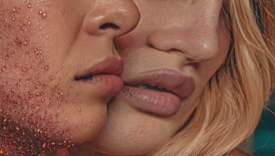 1girl,solo,blonde hair,1boy,closed eyes,male focus,teeth,tongue,lips,watermark,kiss,portrait,close-up,meme,realistic,nose,parted lips,artist name,signature,freckles