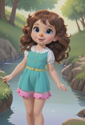 1girl,solo,long hair,looking at viewer,blush,smile,open mouth,blue eyes,skirt,brown hair,shirt,dress,standing,white shirt,short sleeves,outdoors,parted lips,teeth,day,puffy sleeves,water,blurry,tree,puffy short sleeves,lips,blue dress,grass,child,nature,wading,forest,pink skirt,rock,female child,river,pond,buck teeth,stream,freckles