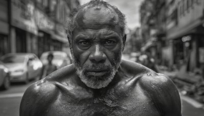 solo,looking at viewer,1boy,closed mouth,monochrome,upper body,greyscale,male focus,dark skin,blurry,muscular,blurry background,facial hair,dark-skinned male,ground vehicle,building,motor vehicle,beard,city,realistic,car,bald,manly,chest hair,smile,outdoors,portrait,road