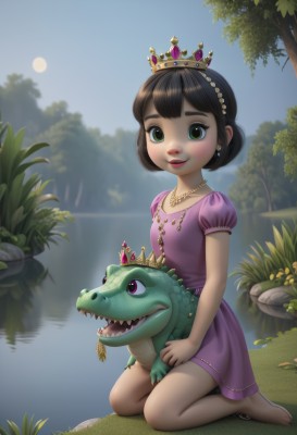 1girl,solo,looking at viewer,smile,short hair,open mouth,bangs,brown hair,black hair,dress,jewelry,sitting,green eyes,full body,short sleeves,earrings,outdoors,sky,barefoot,teeth,day,puffy sleeves,water,necklace,tree,puffy short sleeves,lips,kneeling,night,moon,grass,tiara,crown,plant,sharp teeth,child,pink dress,nature,purple dress,full moon,female child,dinosaur,hair bun,wariza,seiza