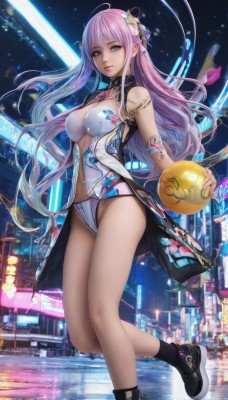 1girl,solo,long hair,breasts,looking at viewer,bangs,blue eyes,large breasts,hair ornament,navel,holding,cleavage,bare shoulders,jewelry,medium breasts,standing,pink hair,purple hair,flower,ahoge,thighs,multicolored hair,boots,shoes,shorts,socks,hair flower,black footwear,leotard,lips,clothing cutout,night,leg up,cleavage cutout,standing on one leg,black socks,armlet,city,closed mouth,earrings,legs,ball,star hair ornament,white leotard,butterfly hair ornament