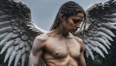 solo,long hair,black hair,1boy,closed mouth,nipples,closed eyes,upper body,male focus,nude,wings,dark skin,wet,dark-skinned male,pectorals,feathered wings,rain,angel wings,realistic,white wings,angel,wet hair,brown hair,muscular,abs,feathers,topless male,dreadlocks