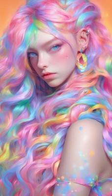 1girl,solo,long hair,looking at viewer,blush,bangs,blue eyes,bare shoulders,jewelry,closed mouth,blue hair,upper body,pink hair,multicolored hair,earrings,artist name,star (symbol),from side,lips,streaked hair,eyelashes,makeup,wavy hair,piercing,lipstick,crescent,ear piercing,eyeshadow,personification,freckles,pink lips,nose,orange background,colorful,mascara,rainbow hair,tears,sparkle,aqua hair,watermark,web address,armlet,realistic