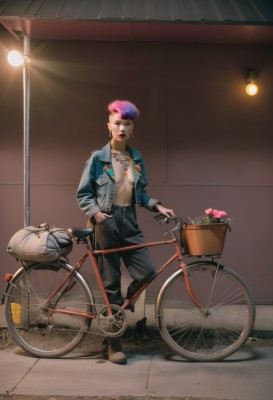 1girl,solo,breasts,looking at viewer,short hair,open mouth,long sleeves,1boy,navel,jewelry,standing,jacket,full body,pink hair,purple hair,flower,male focus,multicolored hair,earrings,boots,outdoors,open clothes,pants,necklace,black footwear,two-tone hair,open jacket,lips,makeup,black pants,denim,lipstick,blue jacket,ground vehicle,pink flower,hand in pocket,jeans,basket,road,very short hair,undercut,bicycle,no shirt,denim jacket,bicycle basket,blue eyes,cleavage,medium breasts,belt,bag,no bra,piercing,helmet,breasts apart,motor vehicle,hands in pockets,red lips,helmet removed