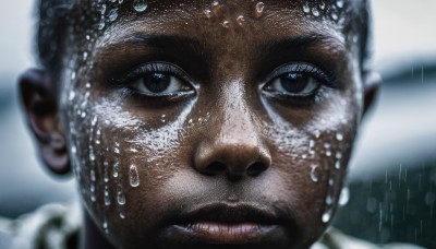 solo,looking at viewer,1boy,closed mouth,male focus,water,blurry,black eyes,lips,wet,blurry background,portrait,close-up,rain,water drop,realistic,nose,wet hair,black hair,hat,facial hair