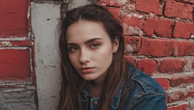 1girl,solo,long hair,looking at viewer,brown hair,brown eyes,jewelry,closed mouth,jacket,upper body,earrings,black eyes,lips,denim,portrait,forehead,realistic,nose,stud earrings,wall,brick wall,denim jacket,shirt,parted lips,blue jacket,jeans