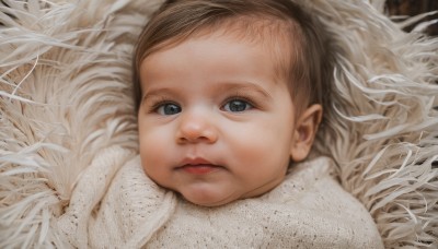 1girl,solo,looking at viewer,brown hair,closed mouth,black eyes,lips,grey eyes,child,portrait,realistic,short hair,blonde hair,eyelashes,expressionless,close-up,forehead