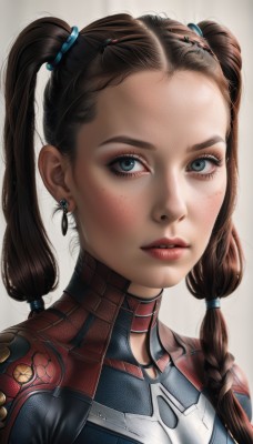 1girl,solo,long hair,looking at viewer,blue eyes,simple background,brown hair,hair ornament,white background,twintails,jewelry,upper body,braid,earrings,parted lips,artist name,lips,bodysuit,makeup,portrait,forehead,freckles,realistic,red lips,superhero,black hair,teeth,twin braids,eyelashes,nose,hair tie