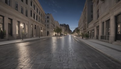 outdoors,sky,tree,no humans,window,night,plant,building,star (sky),night sky,scenery,starry sky,reflection,city,door,road,lamppost,street,pavement,cloud,car,cityscape,shooting star,crosswalk,real world location,vanishing point,sidewalk