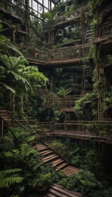 outdoors,day,indoors,tree,no humans,window,leaf,sunlight,plant,scenery,stairs,railing,ruins,vines,bridge,green theme,moss,overgrown,signature,building