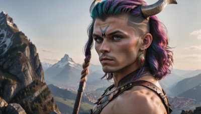 1girl,solo,long hair,looking at viewer,short hair,blue eyes,black hair,1boy,bare shoulders,jewelry,blue hair,upper body,purple hair,braid,male focus,multicolored hair,earrings,outdoors,horns,sky,day,dark skin,necklace,from side,two-tone hair,lips,facial mark,portrait,freckles,mountain,realistic,nose,mountainous horizon,facial hair,staff,scenery