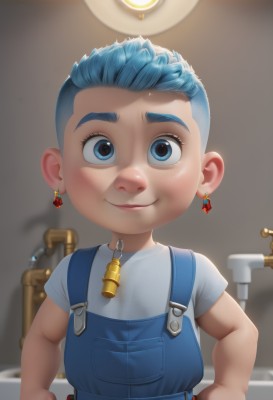 1girl,solo,looking at viewer,smile,short hair,blue eyes,shirt,1boy,jewelry,closed mouth,blue hair,white shirt,upper body,short sleeves,male focus,earrings,indoors,blurry,bell,blurry background,t-shirt,child,freckles,hands on hips,female child,overalls,male child,very short hair,light bulb,blue overalls,artist name,hand on hip,thick eyebrows,aged down,zipper,realistic