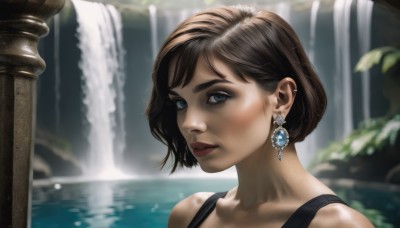 1girl,solo,looking at viewer,short hair,blue eyes,brown hair,bare shoulders,jewelry,collarbone,earrings,parted lips,day,water,blurry,lips,eyelashes,makeup,piercing,tank top,ear piercing,portrait,realistic,nose,red lips,waterfall,bangs,closed mouth,upper body,outdoors,blurry background,gem,pillar,fountain