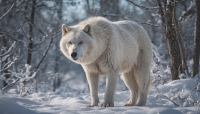 outdoors, signature, blurry, tree, no humans, animal, snow, realistic, animal focus, winter, bare tree, bear