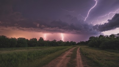 outdoors,sky,cloud,tree,no humans,cloudy sky,grass,nature,scenery,forest,sunset,electricity,road,field,lightning,landscape,path