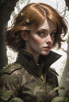 1girl,solo,looking at viewer,short hair,blue eyes,brown hair,hair ornament,green eyes,jacket,upper body,flower,outdoors,parted lips,artist name,hair flower,medium hair,uniform,tree,lips,grey eyes,military,eyelashes,military uniform,leaf,plant,nature,forest,zipper,freckles,realistic,nose,camouflage,camouflage jacket,bangs,day,hairclip,portrait,high collar,dirty,dirty face