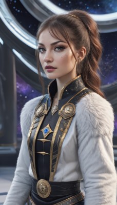 1girl,solo,long hair,looking at viewer,brown hair,brown eyes,jewelry,upper body,ponytail,earrings,parted lips,belt,mole,lips,coat,fur trim,mole under eye,makeup,freckles,realistic,nose,white coat,breasts,bangs,long sleeves,dress,artist name,necklace,blurry,blurry background,lipstick,gem,star (sky),eyeshadow,space