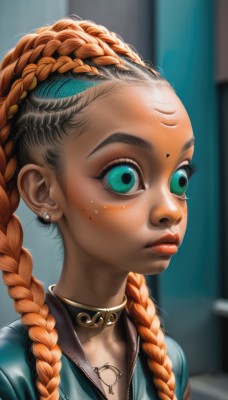 1girl,solo,long hair,blue eyes,jewelry,closed mouth,green eyes,upper body,braid,multicolored hair,earrings,choker,artist name,dark skin,necklace,orange hair,blurry,twin braids,two-tone hair,aqua eyes,dark-skinned female,lips,eyelashes,makeup,blurry background,facial mark,piercing,lipstick,portrait,forehead,zipper,freckles,realistic,nose,red lips,stud earrings,multiple braids,looking at viewer,jacket,mole,ear piercing,wide-eyed,forehead mark,gold choker