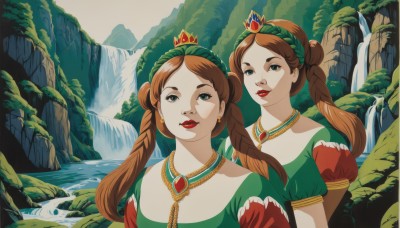 long hair,looking at viewer,smile,multiple girls,brown hair,dress,2girls,twintails,jewelry,green eyes,upper body,braid,short sleeves,hairband,earrings,outdoors,puffy sleeves,water,necklace,hair bun,twin braids,puffy short sleeves,double bun,makeup,siblings,crown,lipstick,sisters,gem,nature,green dress,twins,red lips,waterfall,blue eyes,lips,parody,style parody,princess