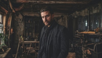 solo,looking at viewer,short hair,shirt,black hair,1boy,jewelry,jacket,upper body,male focus,indoors,necklace,black eyes,coat,black jacket,window,facial hair,chair,table,plant,beard,realistic,mustache,potted plant,brown hair,long sleeves,closed mouth,open clothes,open jacket,scenery,desk,hands in pockets,lamp,leather jacket