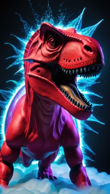 solo,open mouth,standing,teeth,tongue,no humans,sharp teeth,claws,smoke,monster,realistic,aura,glowing,dinosaur