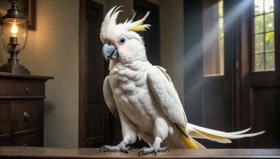 HQ,solo,looking at viewer,blue eyes,standing,full body,wings,indoors,no humans,window,bird,animal,sunlight,feathers,light rays,realistic,lamp,animal focus,owl,talons,beak