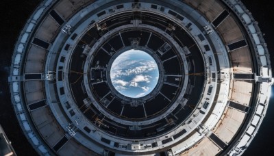 sky,cloud,no humans,star (sky),scenery,starry sky,clock,space,planet,earth (planet),outdoors,day,blue sky,from above,sunlight,science fiction,tower,spacecraft,roman numeral