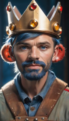 solo,looking at viewer,short hair,blue eyes,shirt,1boy,closed mouth,blue hair,upper body,male focus,collared shirt,signature,blurry,facial hair,crown,blue shirt,portrait,beard,realistic,mustache,manly,artist name,vest,lips,buttons,blurry background,serious,nose