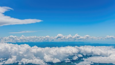 outdoors,sky,day,cloud,water,blue sky,no humans,ocean,cloudy sky,scenery,blue theme,horizon,landscape,monochrome,contrail,above clouds