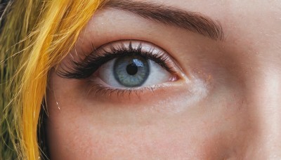 1girl,solo,looking at viewer,blue eyes,blonde hair,green eyes,eyelashes,close-up,reflection,realistic,eye focus