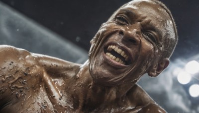 solo,smile,open mouth,1boy,collarbone,upper body,male focus,teeth,shiny,dark skin,blurry,black eyes,wet,dutch angle,blurry background,dark-skinned male,veins,realistic,bald,manly,shiny skin,clenched teeth,portrait,space