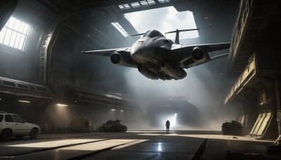 HQ,1girl,solo,long hair,black hair,standing,sky,day,cloud,signature,military,window,sunlight,ground vehicle,building,scenery,motor vehicle,smoke,science fiction,realistic,aircraft,military vehicle,car,airplane,ruins,vehicle focus,spacecraft,jet,fighter jet,indoors,silhouette,light,tank,helicopter