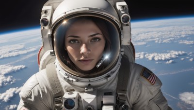 1girl,solo,looking at viewer,smile,brown hair,brown eyes,closed mouth,upper body,lips,helmet,freckles,reflection,realistic,space,straight-on,planet,earth (planet),american flag,spacesuit,japanese flag,space helmet,astronaut,short hair,moon,portrait,forehead,nose