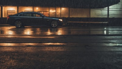 outdoors,sky,cloud,water,no humans,night,ground vehicle,building,scenery,motor vehicle,reflection,rain,sign,fence,car,road,vehicle focus,lamppost,street,chain-link fence,puddle,sports car,wet,window