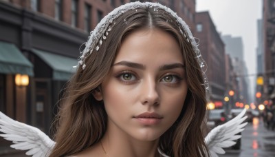 1girl,solo,long hair,looking at viewer,brown hair,brown eyes,jewelry,closed mouth,outdoors,wings,artist name,blurry,lips,eyelashes,depth of field,blurry background,building,portrait,veil,feathered wings,forehead,freckles,angel wings,city,realistic,nose,white wings,angel,day,necklace,thick eyebrows,ground vehicle,motor vehicle,close-up,car,mini wings